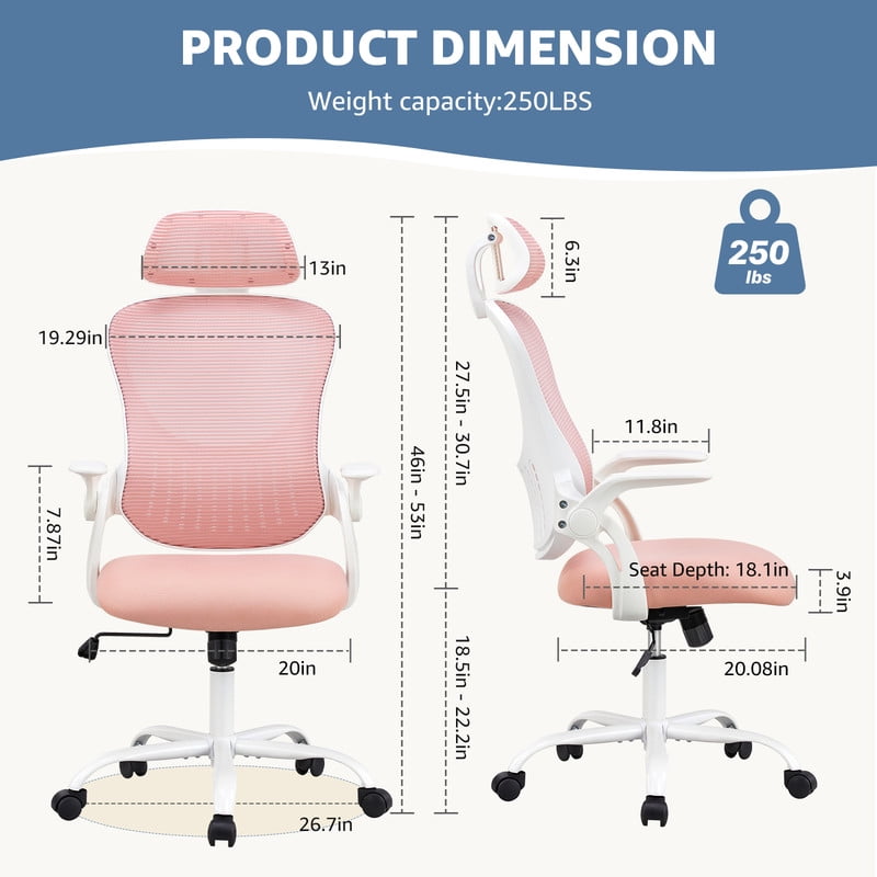 BEAUTYPEAK Ergonomic Office Chair High-Back Mesh Computer Desk Chair with Lumbar Support Adjustable Headrest Flip-Up Arms Wheels, Pink