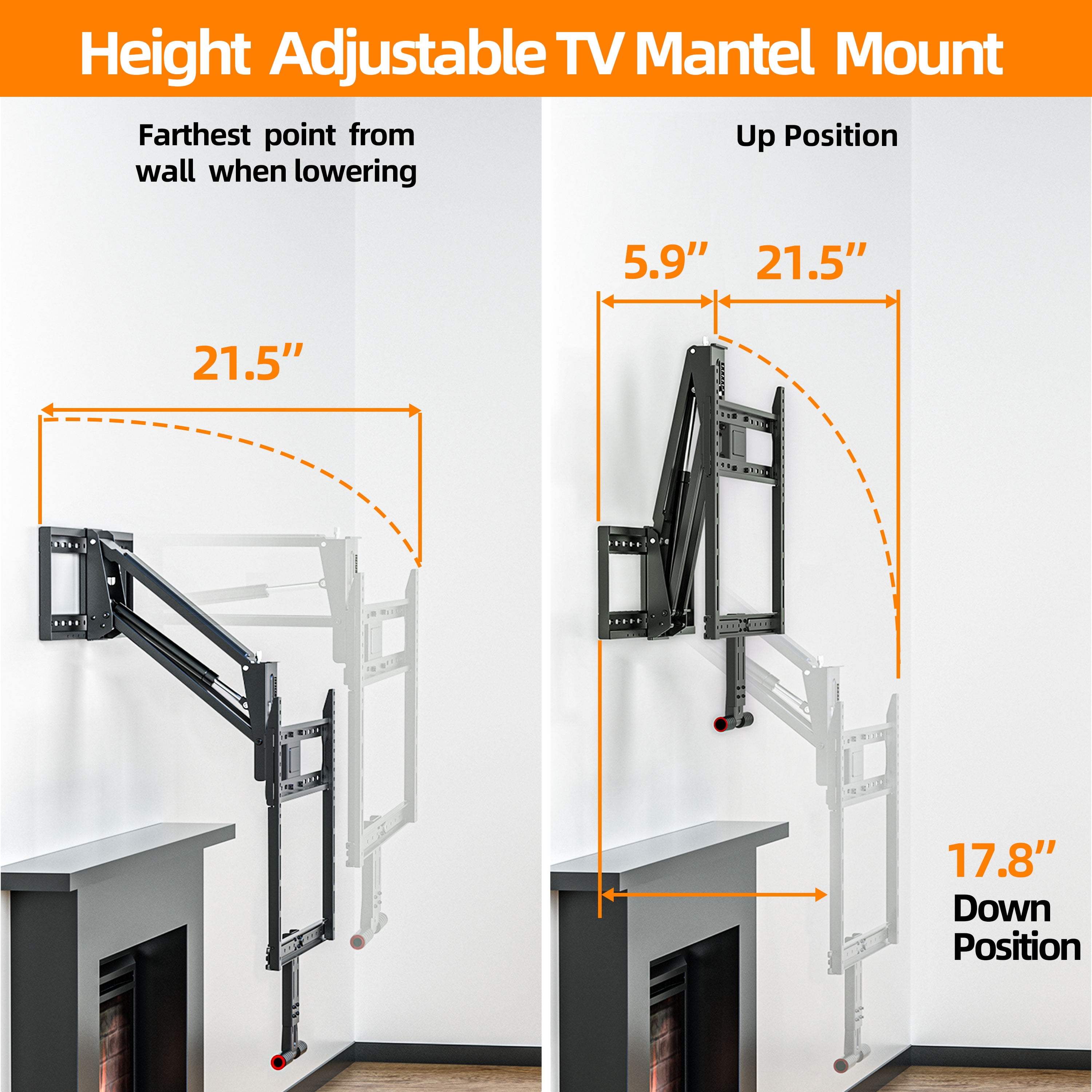 Fireplace Pull Down TV Mount over Fireplace with Height Adjust for Most 43" - 80" TVs, Max VESA 600x400mm, up to 80lbs, above Fireplaces TV Mount