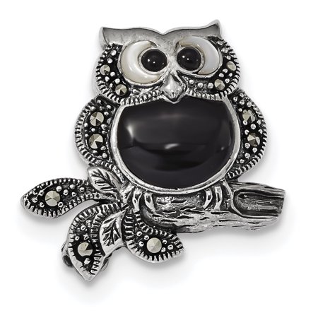 - Sterling Silver Antiqued Marcasite/Mother of Pearl/Black Agate Owl Pin QP4886