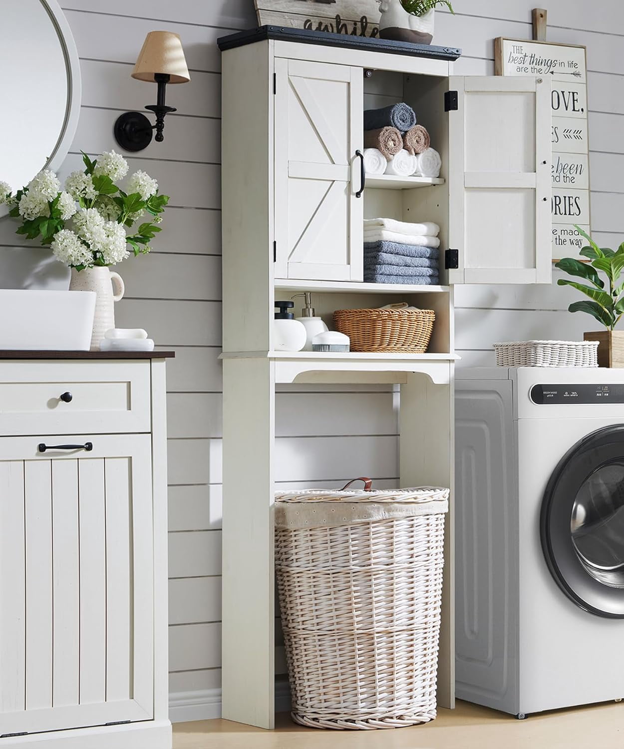 ZYPPP Over The Toilet Storage Cabinet, Farmhouse Bathroom Cabinet with Adjustable Shelf & Barn Door, 67" Tall Over The Toilet Shelf, Off White