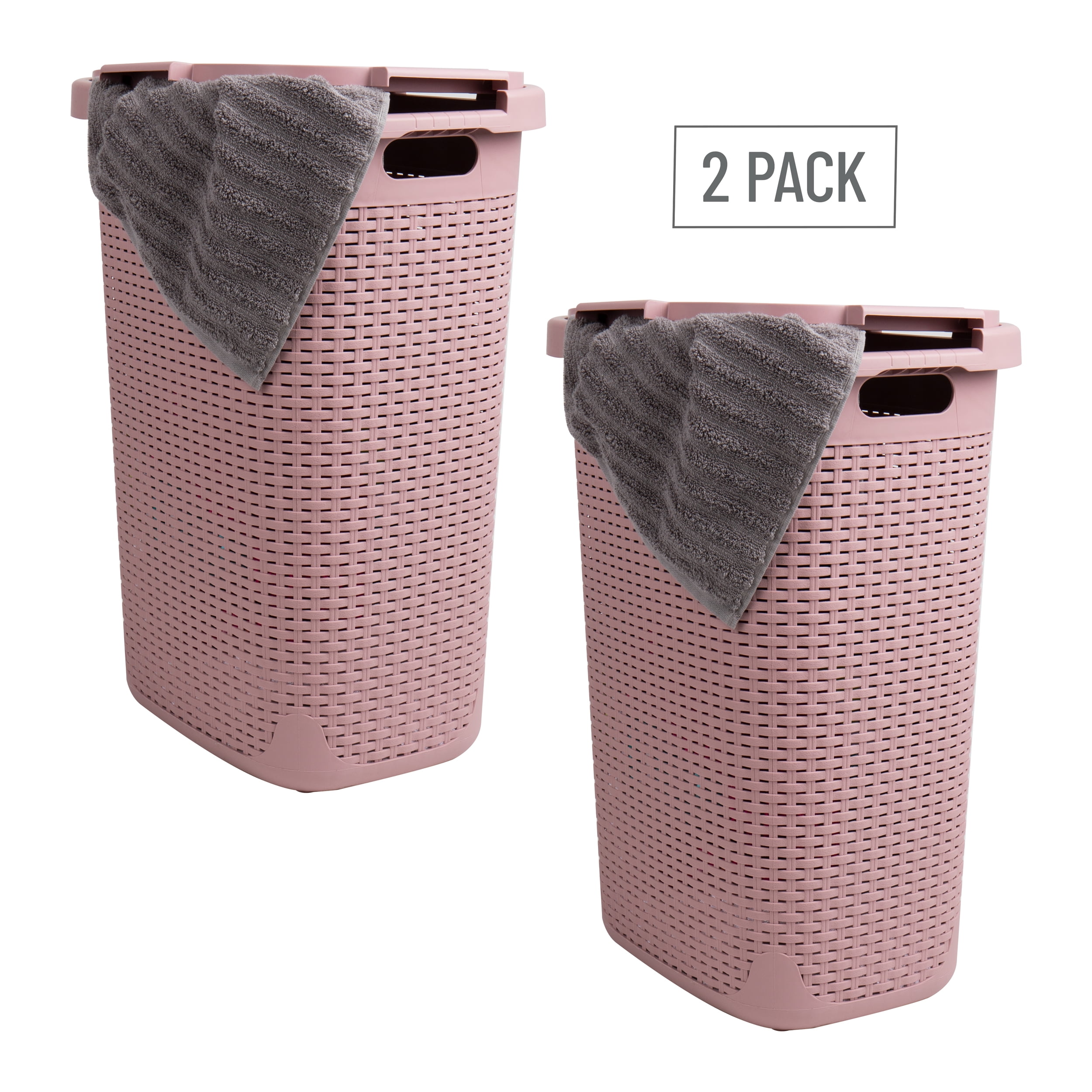 Mind Reader 60L Slim Laundry Hamper, Clothes Basket, Lid, Wicker Style, Plastic, 17.65"L x 13.75"W x 24.15"H, Set of 2, Pink