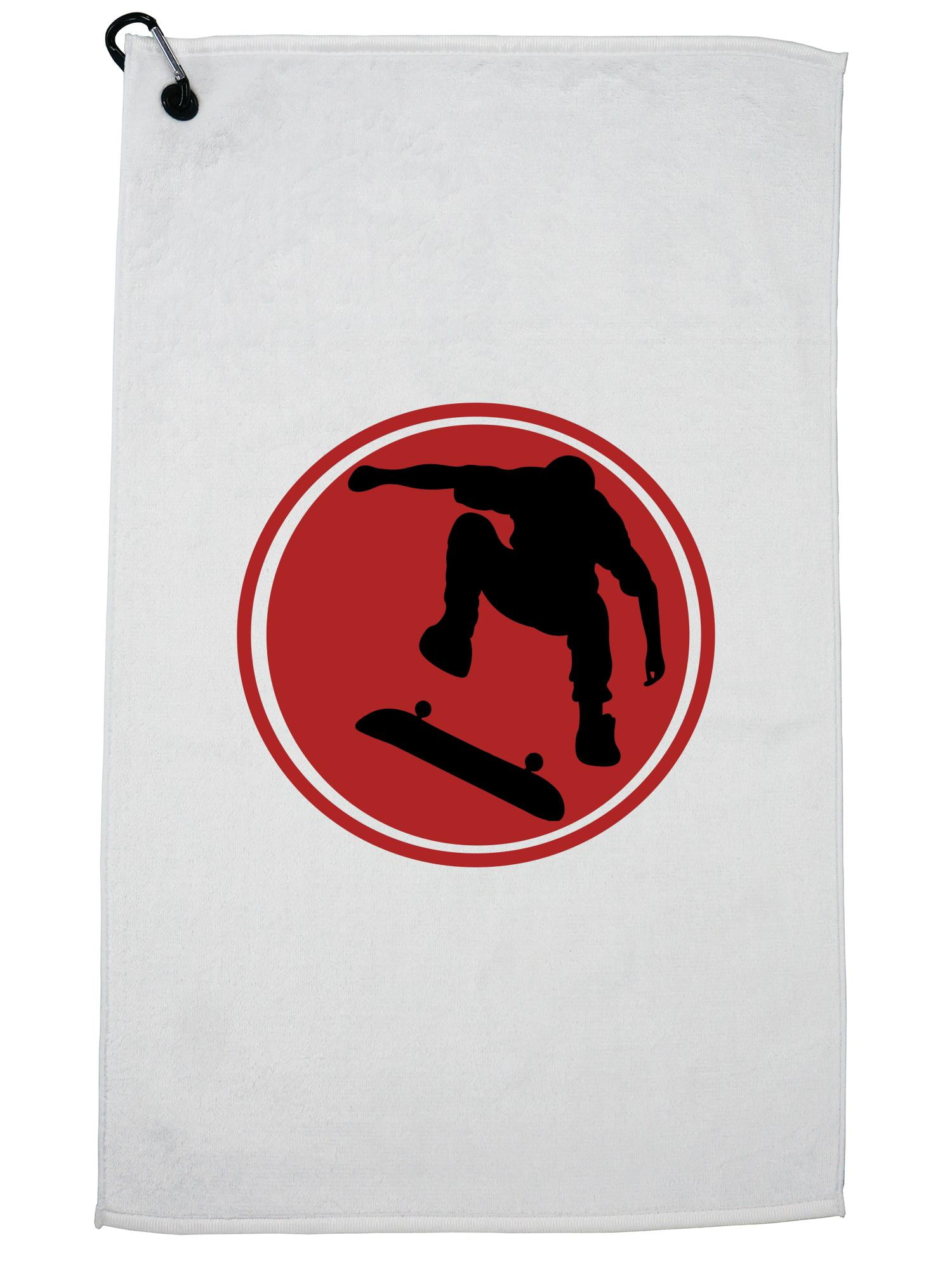 Red Skateboard Skater Silhouette Jumping Golf Towel with Carabiner Clip by Hollywood Thread