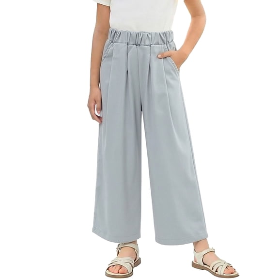 CQONEPT Wide Leg Pant with Pockets for Girls Elastic Waist Cute School Pant Casual Flow Comfy Trousers with Pockets Blue 10 Years