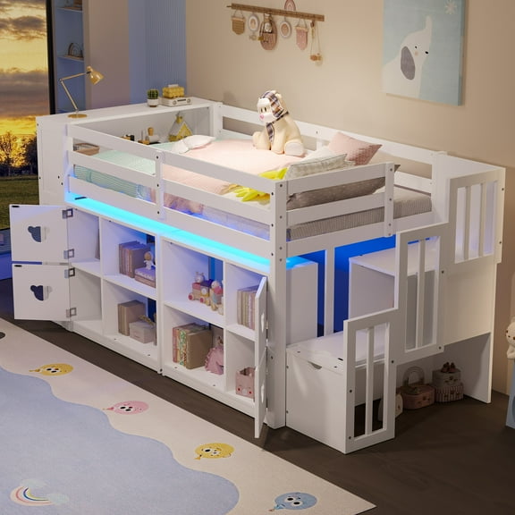Twin Size Low Loft Bed with Shelves, Storage Headboard, and Stair in White Color