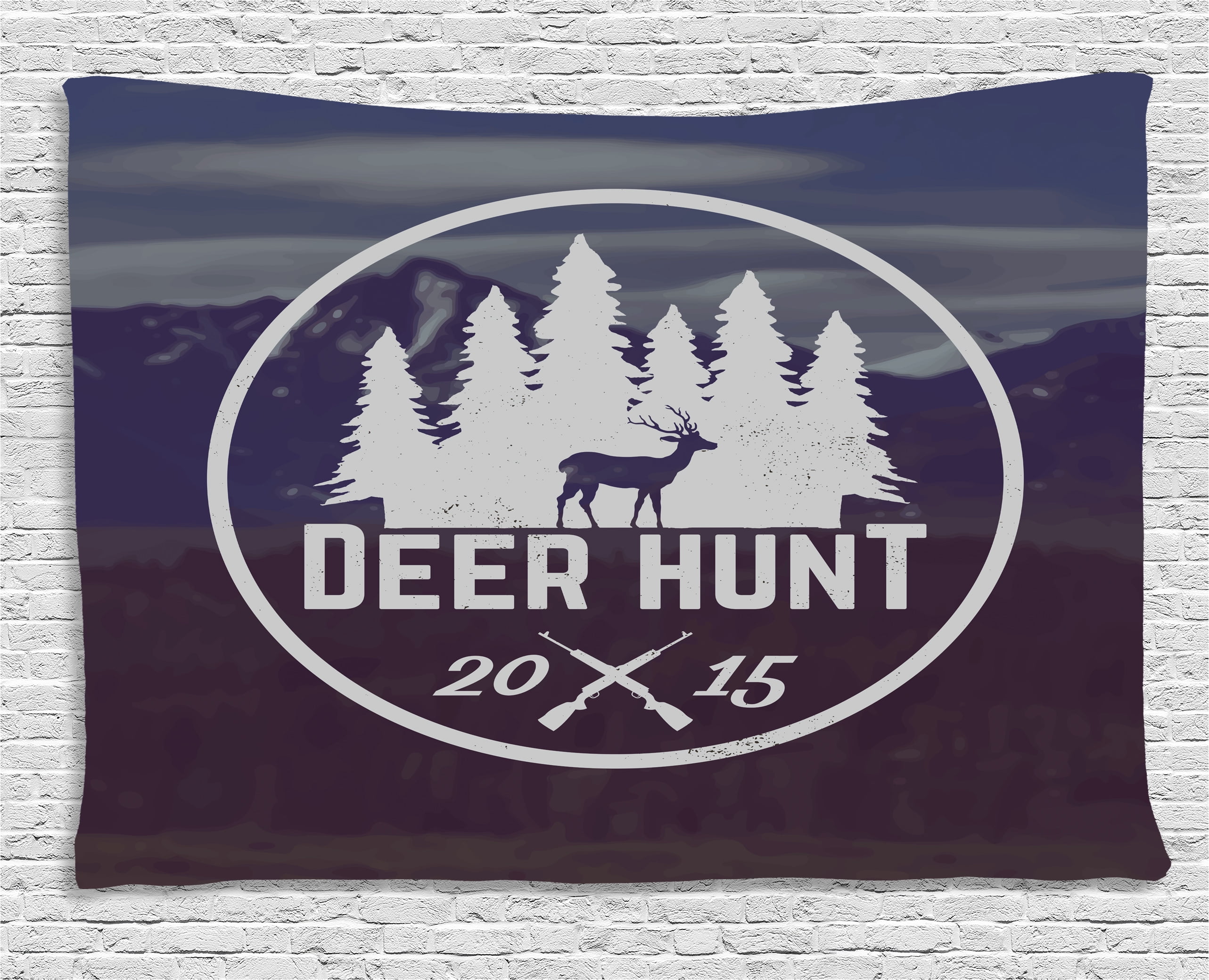 Hunting Decor Tapestry Deer Hunt Emblem Design Pines Antler Silhouette Rifles Snowy Mountains Wall Hanging For Bedroom Living Room Dorm Decor 80w X