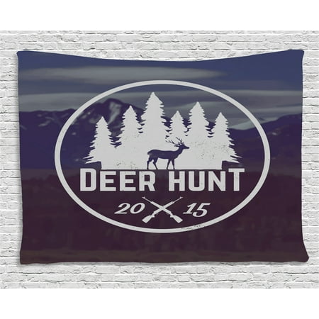 Hunting Decor Tapestry, Deer Hunt Emblem Design Pines Antler Silhouette Rifles Snowy Mountains, Wall Hanging for Bedroom Living Room Dorm Decor, 60W X 40L Inches, Brown Blue White, by