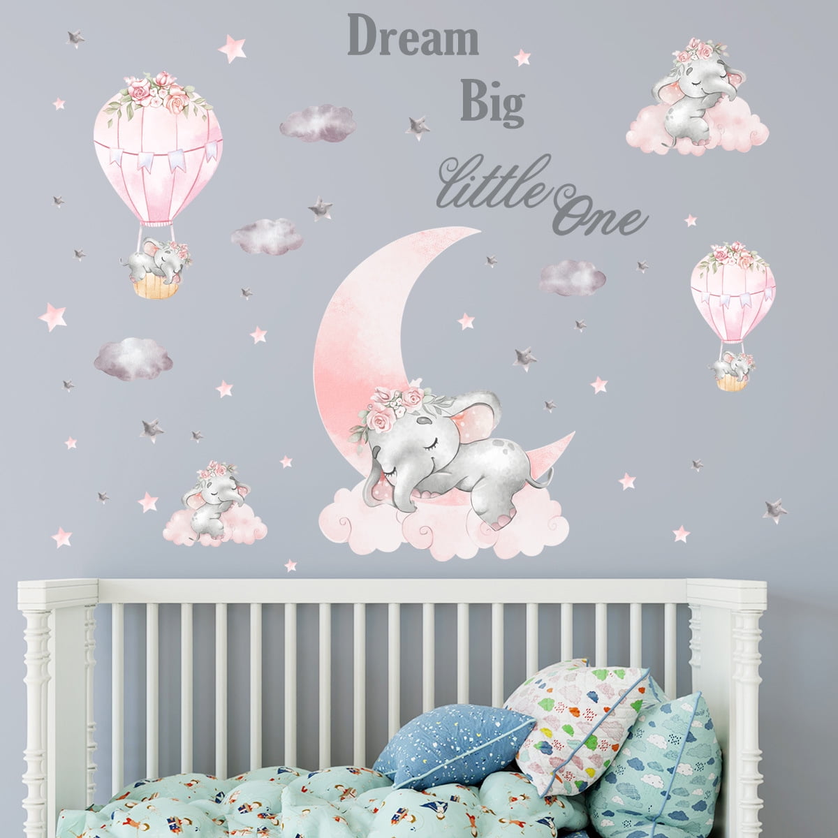 Removable Wall Stickers Nursery Girls Pink Hot Air Balloons Love Heart Decor DIY 