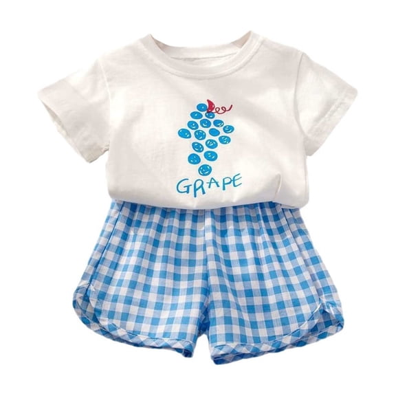 RMGVDSD Baby Girl Summer Clothes Cute Print Short Sleeve Tee Shirt And Plaid Shorts Set Toddler Girls Outfit Soft Little Kids Clothing Sets 18-24 Months
