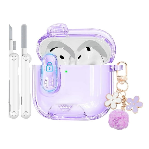 Suitable for 2024 Apple AirPods 3 earphone case, equipped with a safety lock, transparent earphone case and cleaning kit, cute shiny keychain for women, transparent Purple