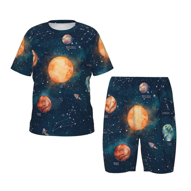 Fotbe Solar System And Planets Pijama Estampada de 2 Piezas para Niños – Ropa de Dormir de Manga Corta Cómoda para Niños y Niñas, Camiseta y Shorts de Algodón-3X-Large