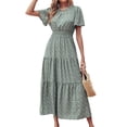 thumbnail image 3 of VISgogo Vestido largo para mujer, cuello redondo, manga corta, cintura elástica, estampado floral, estilo bohemio, vestidos casuales VISgogo moda, 3 of 5