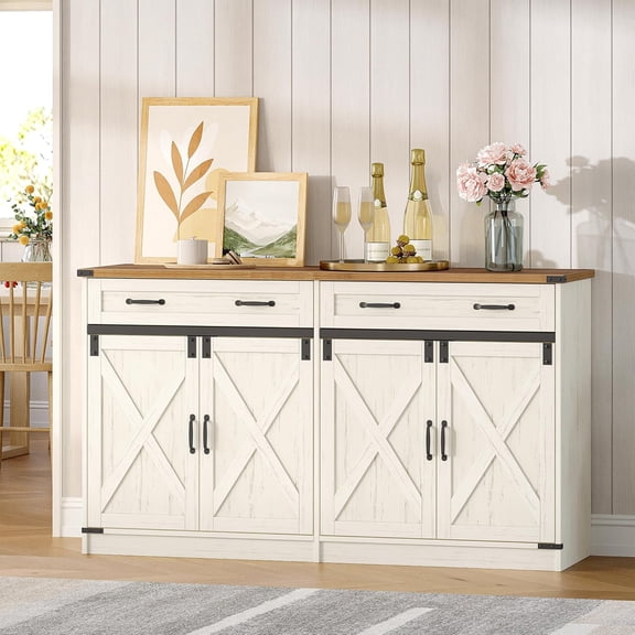 Kitchen Storage Cabinet, Buffet Cabinet with Storage, Modern Farmhouse Sideboard Cabinets with Drawer, 55.1" Coffee Bar Cabinets with Doors & Adjustable Shelves, for Kitchen, White Brown