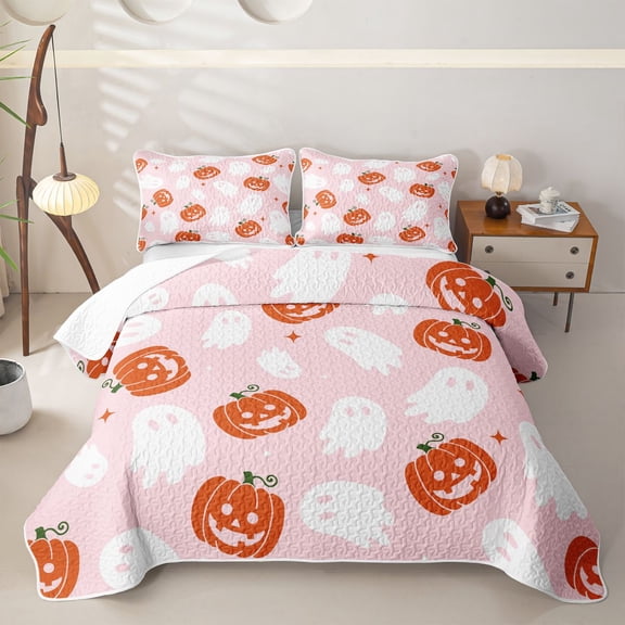 Homewish Ghost Pumpkin Twin Quilt Set for Girls, Happy Halloween Themed Twin Coverlet Set, Pink Orange White, 2 Pieces 1 Bedspread and 1 Pillowcase