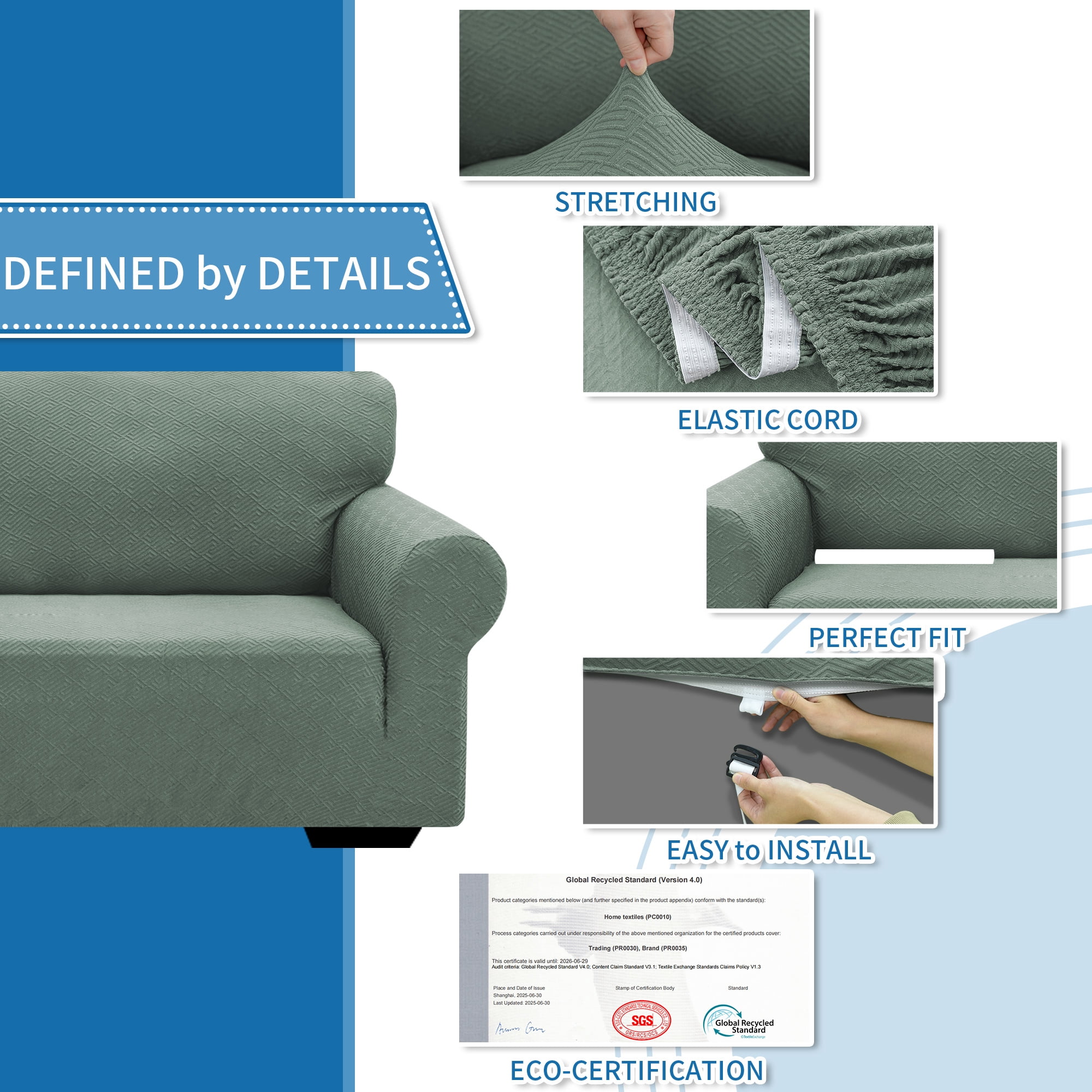 JIATER 1-Piece Armchair Sofa Cover Stretch Couch Cover Washable Sofa Slipcover Non-Slip Furniture Protector,Bean Green