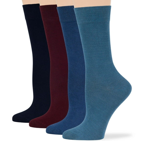 7BIGSTARS KINGDOM Women's Bamboo Dress Socks - 4 Pack Large - Casual Crew, Dark Navy, Burgundy, Light Navy, Denim Blue, Sock Size 10-12 Shoe Size 8-12 L