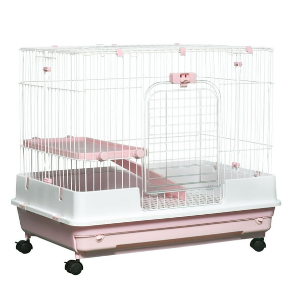 SAZYY Small Animal Cage 2-Level Rabbit Hutch with Wheels & Removable Tray - for Bunny Chinchillas, Pink