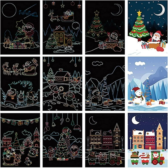 9 Pieces Christmas Scratch Paper Art Set, Rainbow Magic Paper Black Scratch Off Art Cards Notes Drawing Boards With Wooden Stylus For Kids Diy Birthda