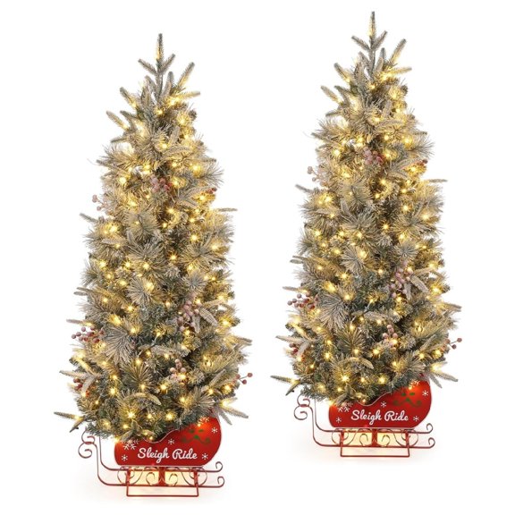 Set of 2 Christmas Trees with Lights - 4.5FT Artificial Sleigh Base Christmas Tree with Battery Powered, 200 Warm White Led Lights, 8 Lighting Modes for Indoor Outdoor