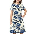 thumbnail image 2 of MKOSPLRT Robes de Plage pour Fille Robe à Manches Courtes à Fleurs Col Rond Plissée Tourbillonnante Robe Boho Ligne A Robe d'Été 4-14 Ans, 2 of 8