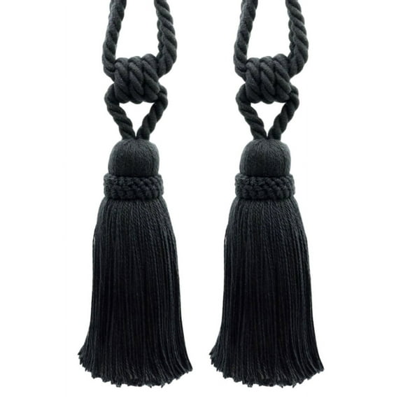 DECOPRO Hand Crafted Traditional Country Cotton Curtain Tassel Tieback, Tassel Length 7" (17.5cm), Spread 32" (81cm) # TBCTN7, Pure Black #K9 (Jet Black) Set of 2