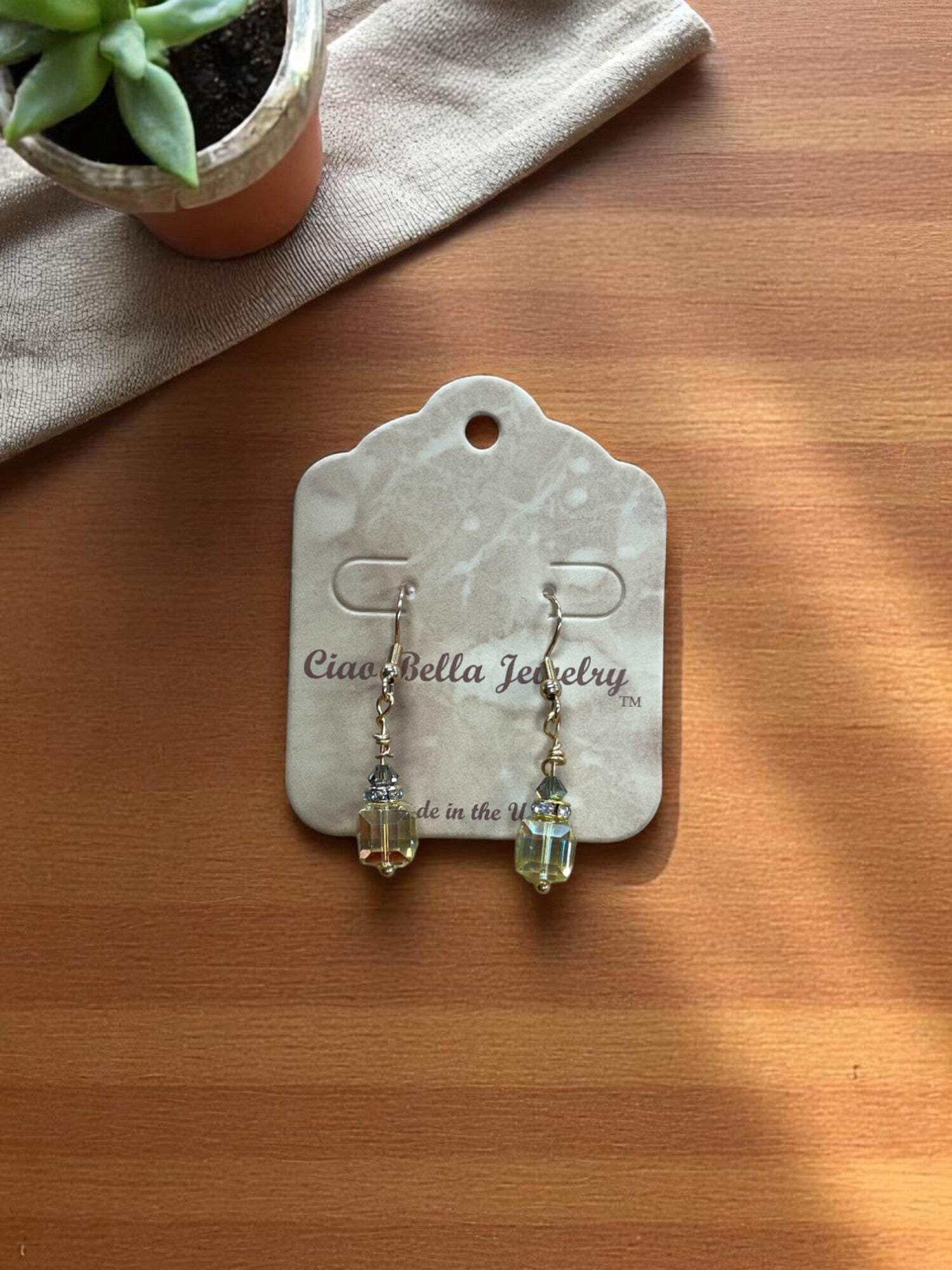 Crystal Cube Drop Earrings | Topaz, Light Yellow  Clear Accents
