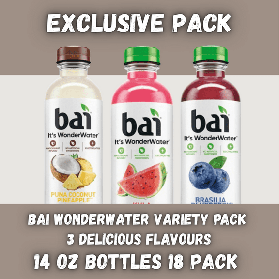 Bai Antioxidant Infused Water Variety Pack, 14 fl oz Bottles, 18 Pack | Puna Coconut Pineapple, Brasilia Blueberry & Kula Watermelon | Low-Calorie Antioxidant Fruit Drink