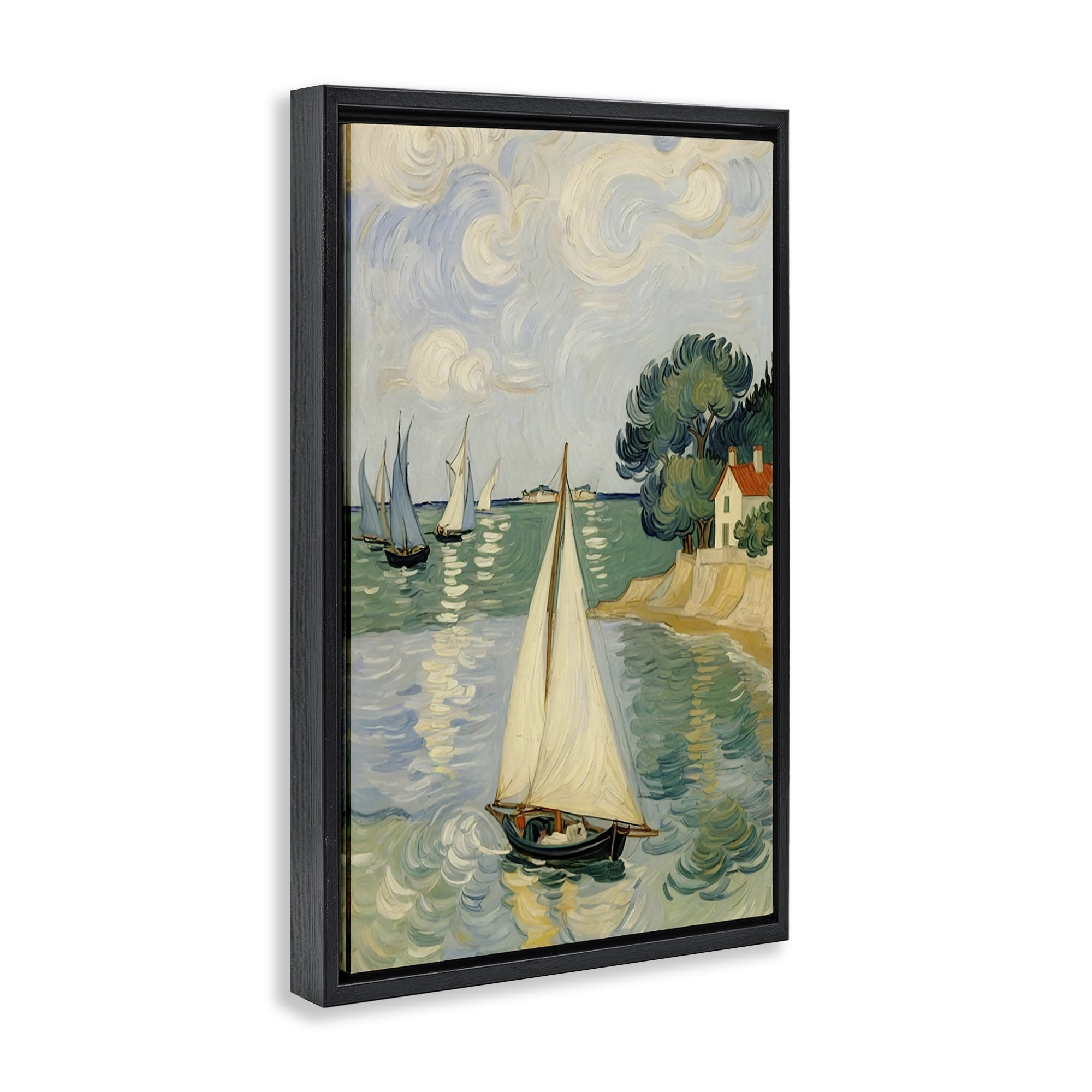 Stupell Industries Coastal Sailboats Under Swirling Clouds Black Framed Floater Canvas Wall Art, design by Angie Hawke