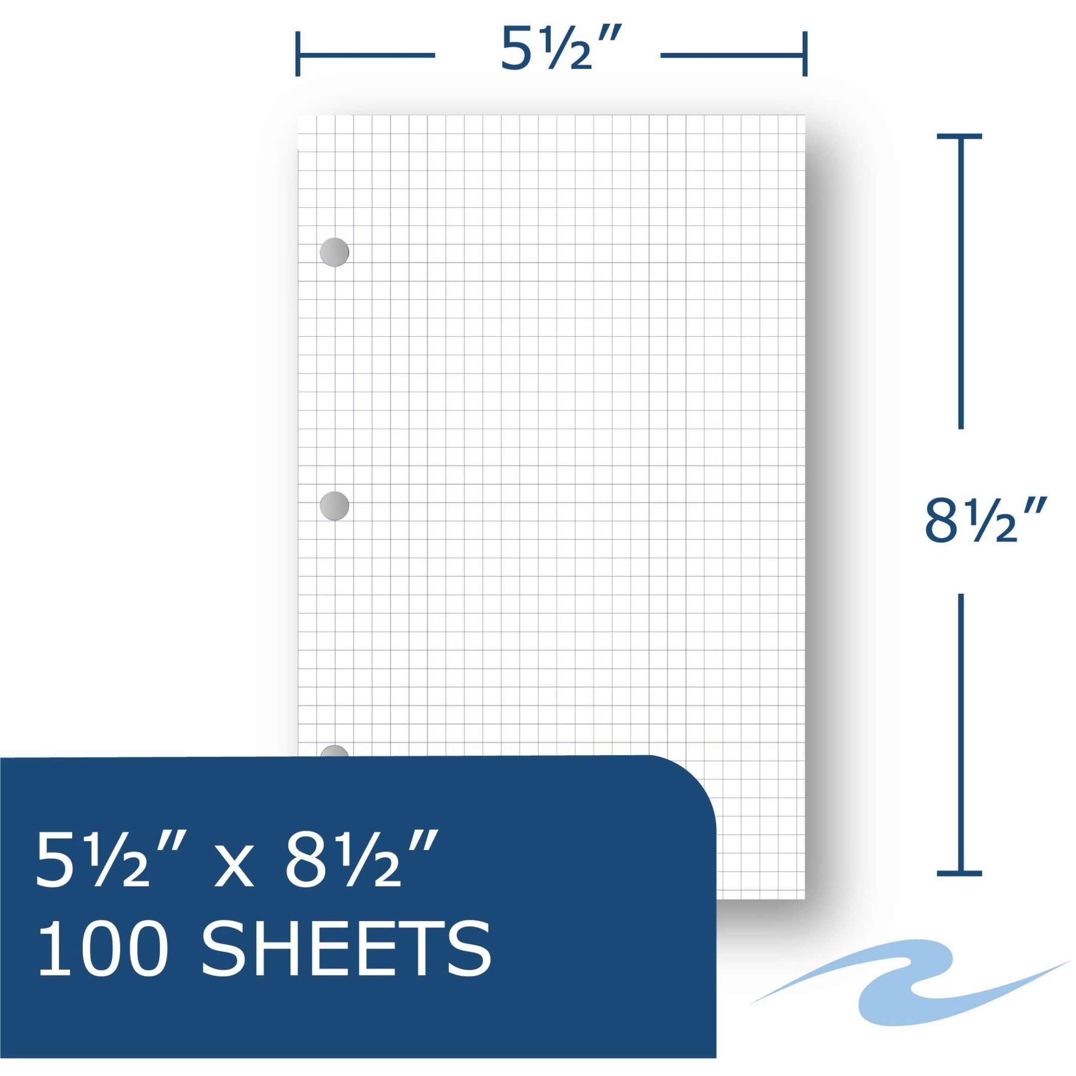 Roaring Spring 5x5 Graph Ruled Loose Leaf Filler Paper, 3 Hole Punched, 1 Case (48 Packs), 8.5" x 5.5" 100 Sheets, White Paper