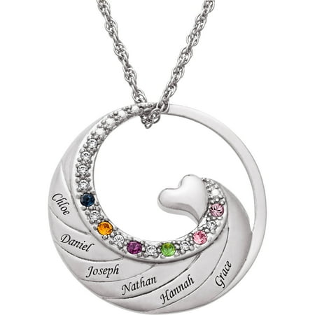 Personalized Women's Gold-Plated or Rhodium-Plated Family Name and Birthstone Circle with Heart Necklace, 20