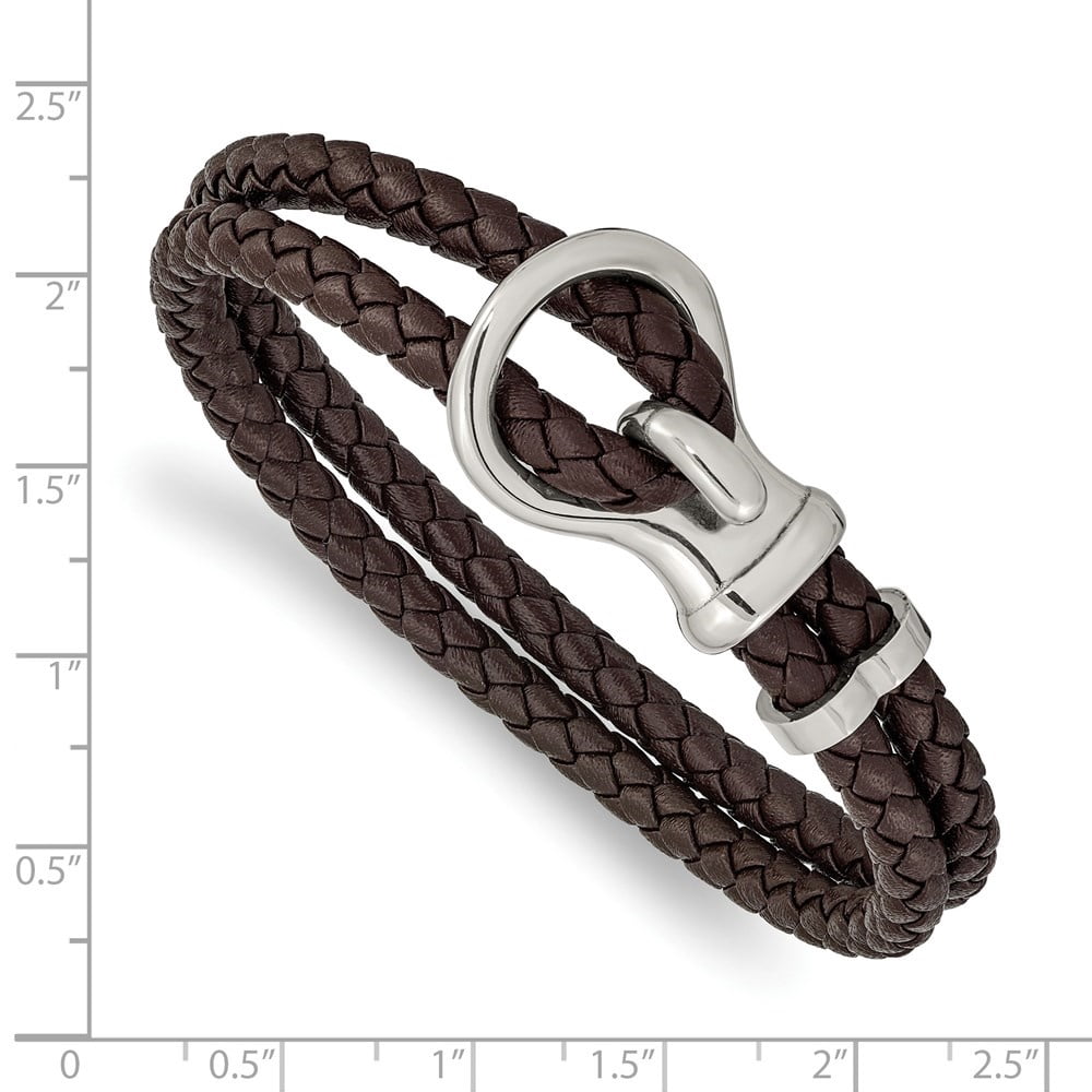 Diamond2Deal Stainless Steel Polished Brown Braided Leather Bracelet for Men 8"