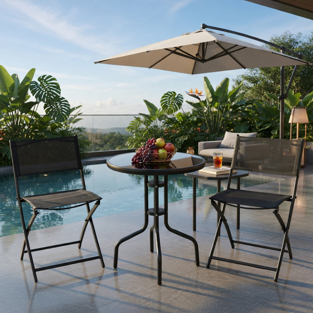 Hommoo 3-Piece Metal Folding Bistro Set, Round Tempered Glass Table + 2 Ergonomic Foldable Chairs for Patio, Garden & Indoor Use, Black