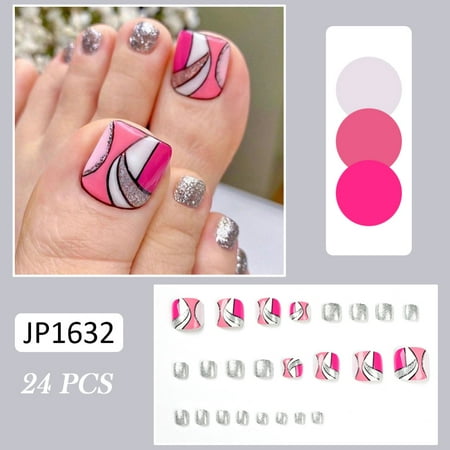 

24Pcs Glossy Geometric False Toe Nails Pink White Fake Feet Nail for Women Girl