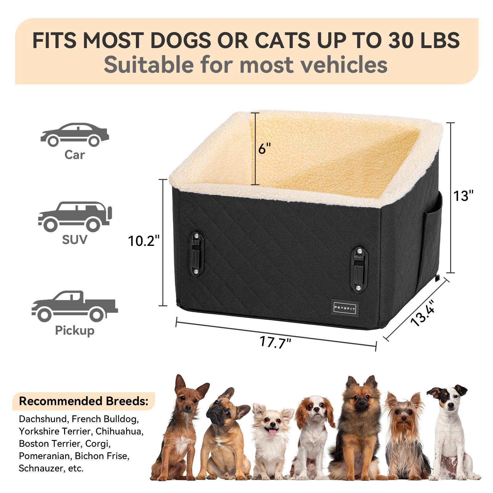 PETSFIT Dog Car Seats for Small Dogs, Patented Safety Buckles, Detachable Clip-On Safety Leash，30 LBS (Black)