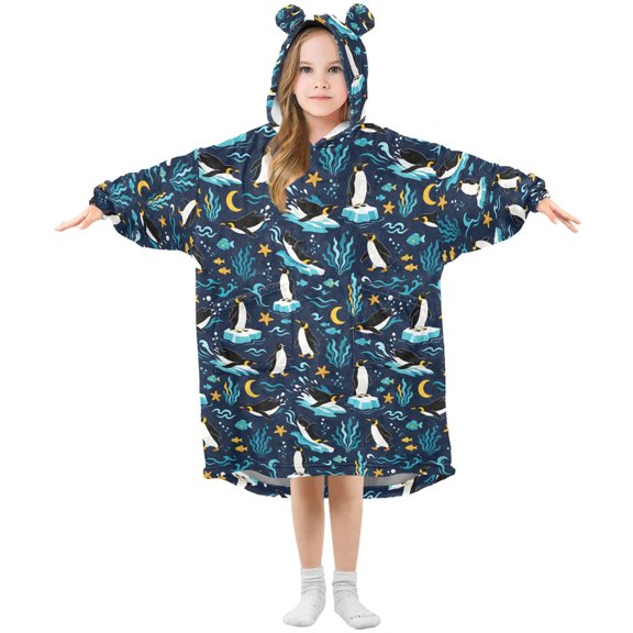 Wearable Blanket Hoodie Oversized Blanket Hoodie for Boys Girls Teens 3-14YR Penguin