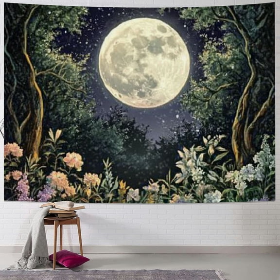 BCIIG Aesthetic Moon Garden Tapestry Wall Hanging, Night Landscape with Colorful Plants Floral Tapestries for Bedroom Home Decor Multi Color 40x30inch