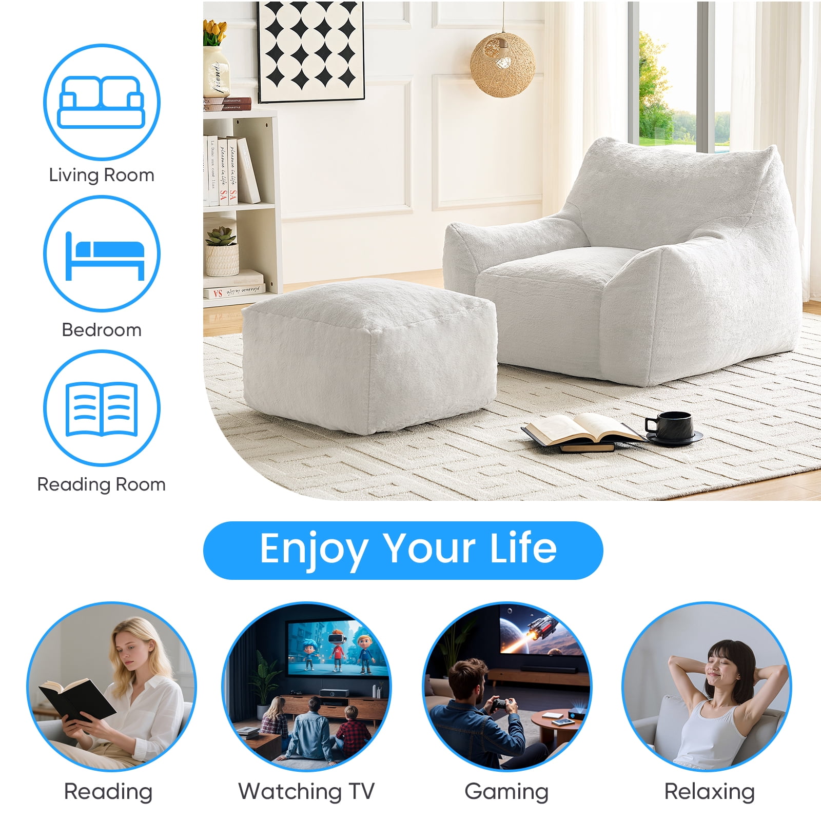 BALUS 42" Faux Fur Bean Bag Chair with 22" Ottoman and Armrests, Giant Bean Bag Chair for Adults, Comfy Chair with Armrests for Bedroom, White