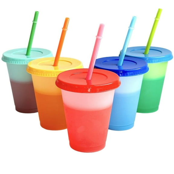 16oz Color Changing Cups with Lids and Straws, Boriyuan 5 Pcs Plastic Cups Reusable Tumbler Ice Cold Drinking Cup, Adults Summer Juice Coffee Tumblers Party Cups