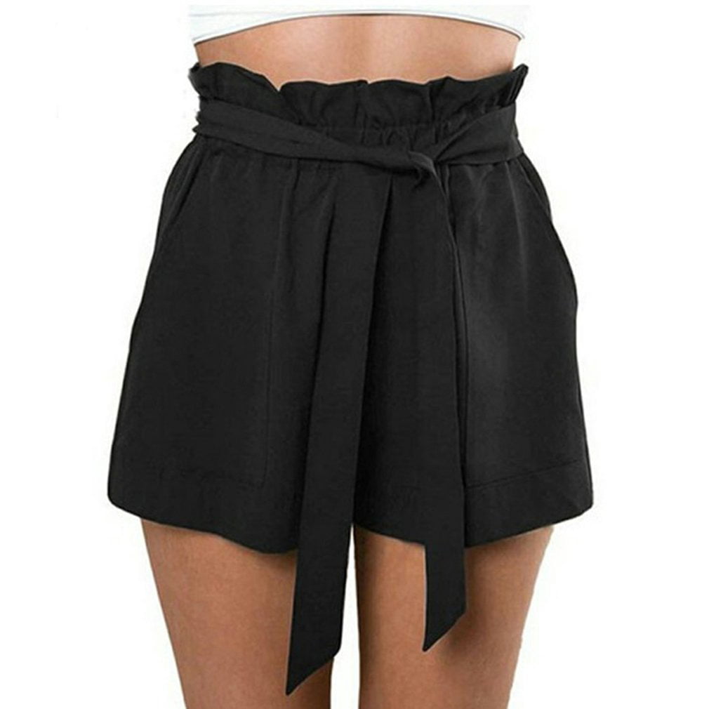 Womens Hot Pants Summer Tie Belt Paperbag Shorts Bow Beach High Waist Trousers 