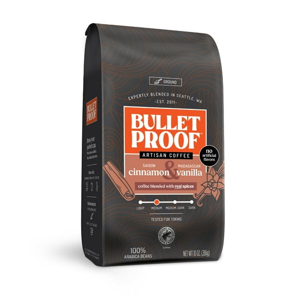 Bulletproof Cinnamon & Vanilla Ground Coffee, 10 Ounces, Medium Roast, Clean Coffee Tested for Toxins, No Artificial Flavors, 100% Arabica Beans