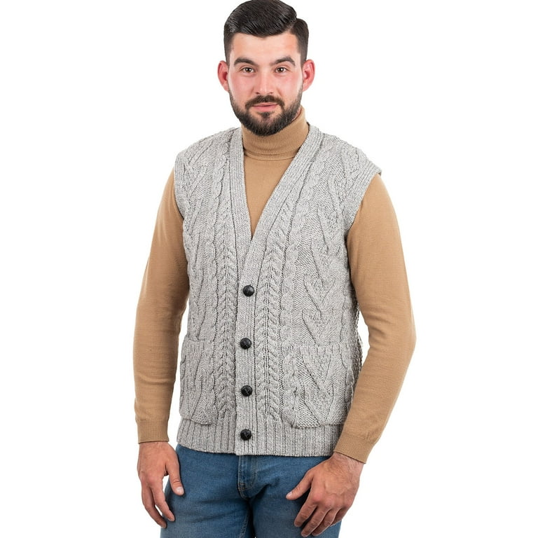 SAOL Men s 100 Merino Wool Sweater Vest Aran Irish V Neck Cable Knit Sleeveless Cardigan with Buttons and Pockets