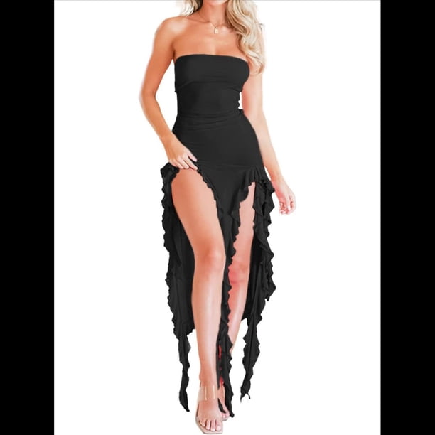 Vestido de Fiesta Elegante de Verano para Mujer, Sin Tirantes, Tubo, Midi, Ajustado, con Volantes Irregulares y Borlas Negro M