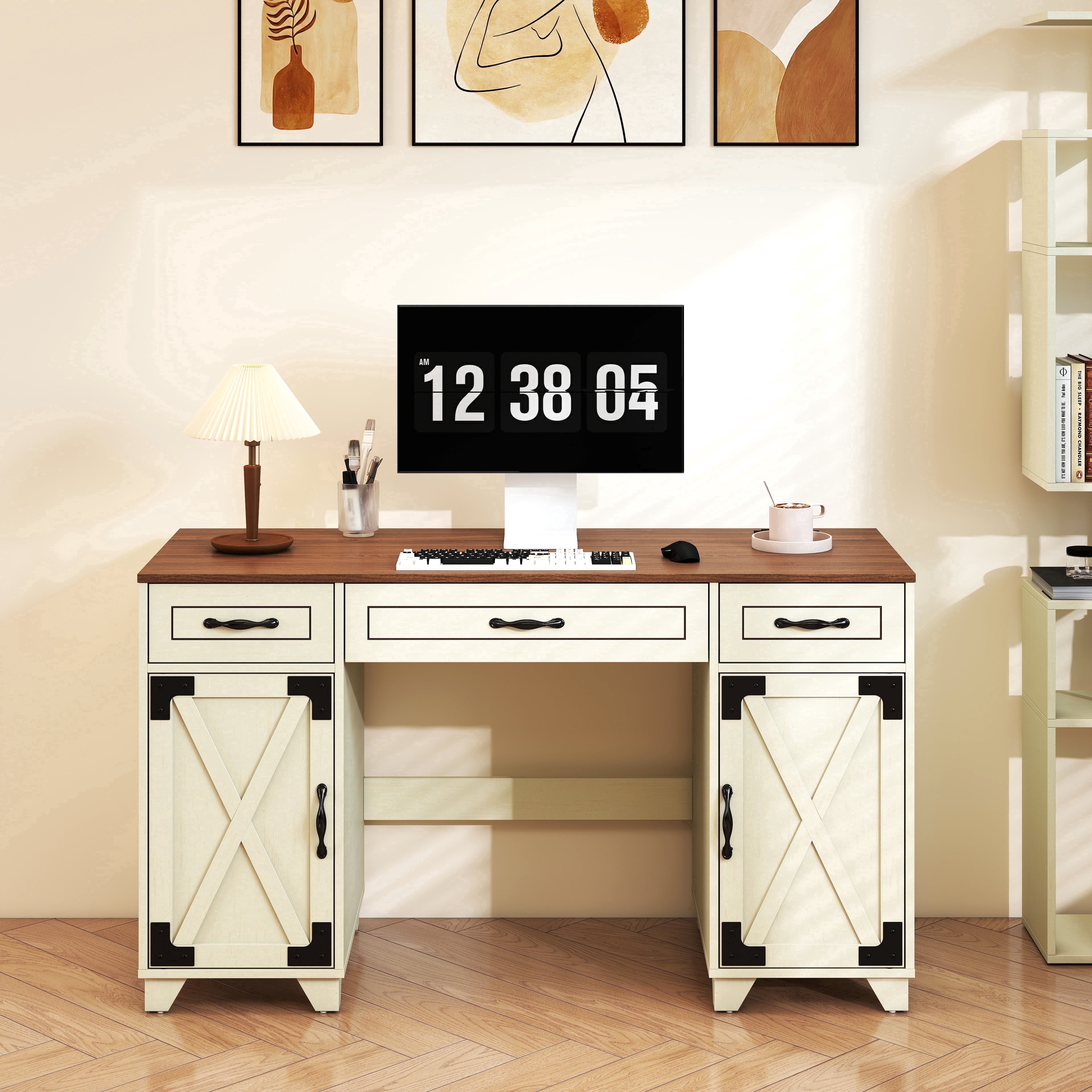 Manora Executive Desk with File Drawers and Cabinets Storage, 53'' Farmhouse Desk Modern for Adult Home Office, Rustic White&Brown Finish