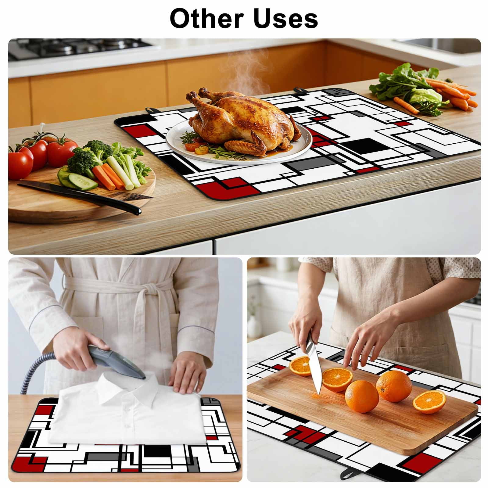 Red Geometric Stove Top Cover for Electric Stove, Heat-proof & Non Slip Glass Top Stove Cover Protector, Modern Black Gray Abstract Striped Art Kitchen Flat Cooktop Rubber Mat 28.5x20.5 Inches