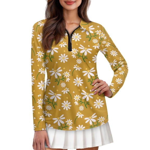 Uorisanigo Cute Daisy Long Sleeve Golf Polo Shirts for Women Fashionable Casual Women's Dry-Fit Golf Polo Shirts with 1/4 Zipper for Tennis Hiking & Outdoor Sports