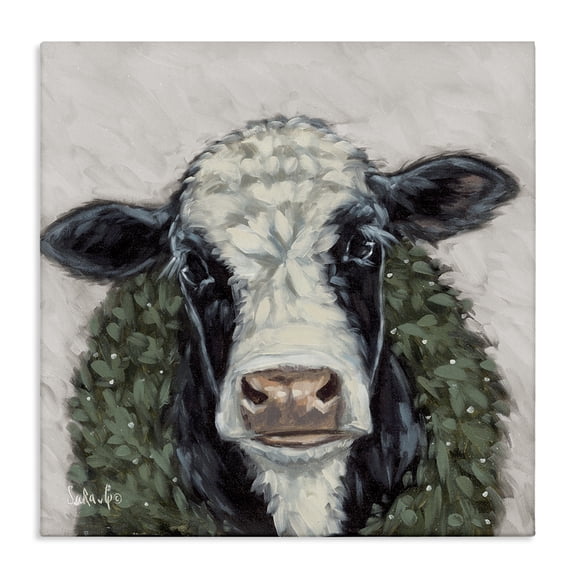 Stupell Industries Spotted Cow with Wreath Holiday Painting Gallery Wrapped Canvas Art Prints Wall Art, 17 x 17
