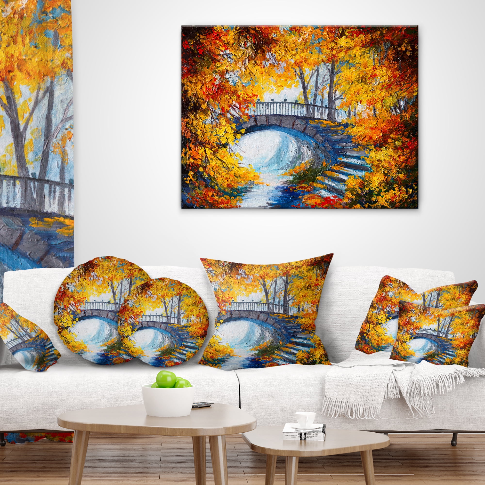 Designart Fall Forest with a Bridge - Landscape Printed Throw Pillow - 18x18