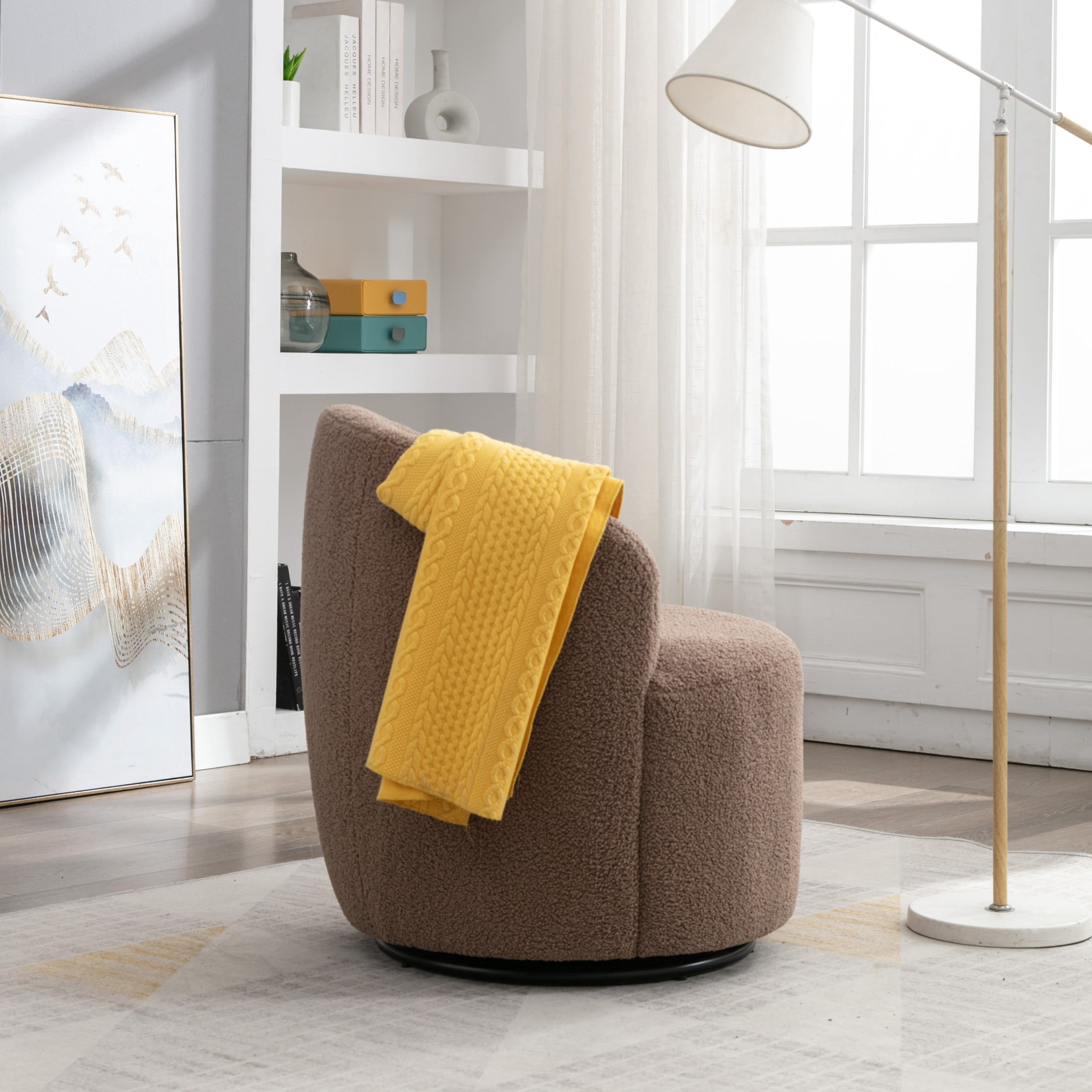 Noble House Arissa 26" Teddy Ergonomic Barrel Armchair, Swivel Reading Chair with Metal Base for Living Room, Coffee