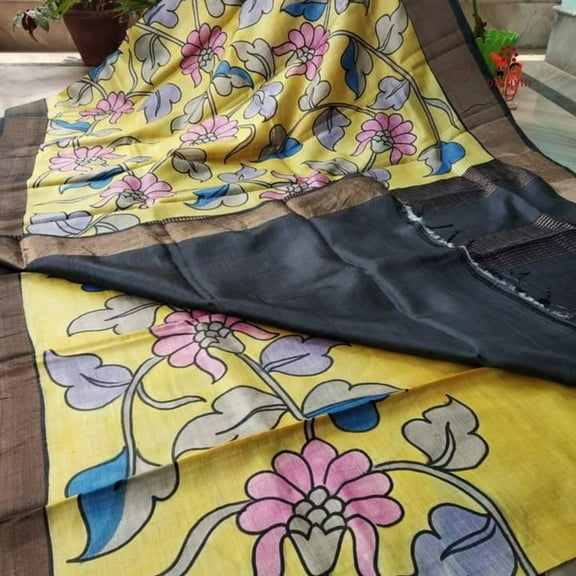 Light Yellow Hand Painted Kalamkari Tussar Silk Saree