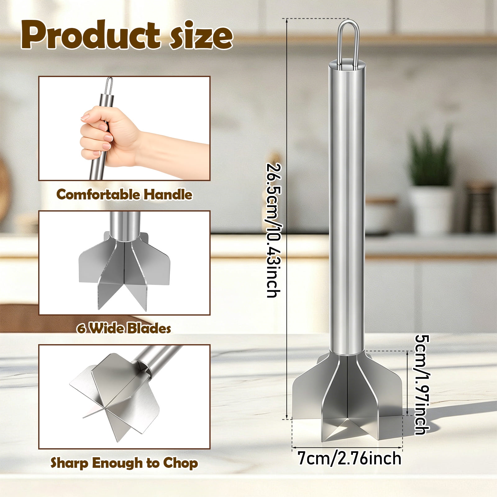 304 Stainless Steel Meat Chopper with 6 Curved Blades, 10.4" Ground Beef Masher with Ergonomic Handle, Heat Resistant Hamburger Meat Smasher Tool, Professional Potato & Avocado Masher, Dishwasher Saf