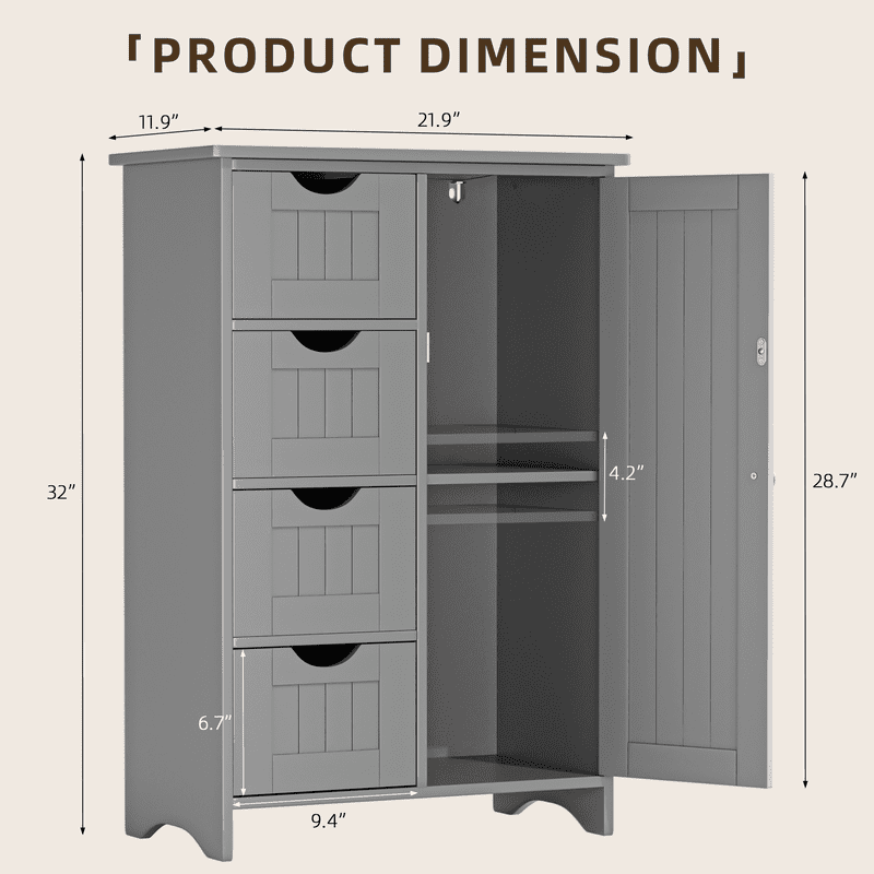 Lacoo Bathroom Storage Cabinet with 4 Drawers, Side Storage Organizer with 1 Cupboard and 2 Shelves Freestanding Cabinet, Gray